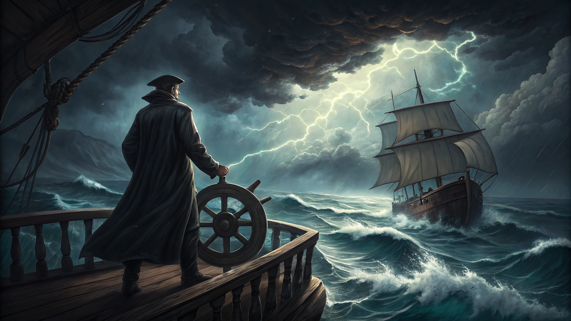 AI generated image by Red Panda AI: A stormy seascape with dark, ominous clouds and lightning. A shadowy figure of a captain at the helm of an old sailing ship, facing a fierce storm. Style: Dark fantasy, Greg Rutkowski, dramatic lighting."