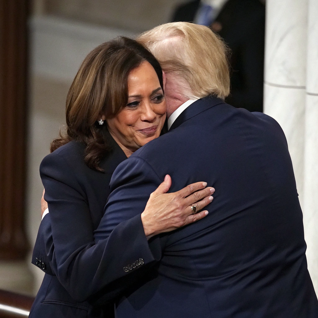 AI generated image by Red Panda AI: kamalla harris hugs from behind donald trump fron view