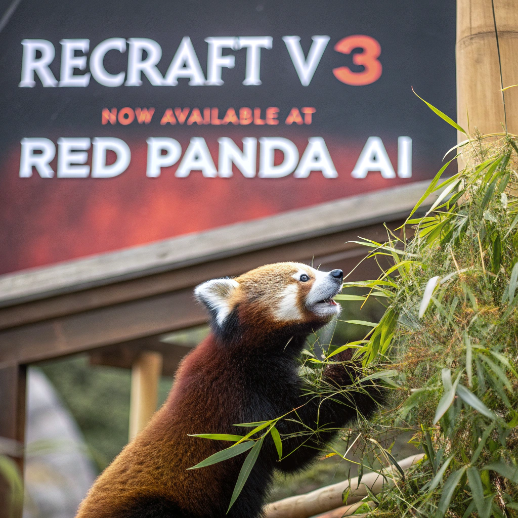 AI generated image by Red Panda AI: a red panda eating a bamboo in front of a poster that says "recraft V3 now available at red panda ai