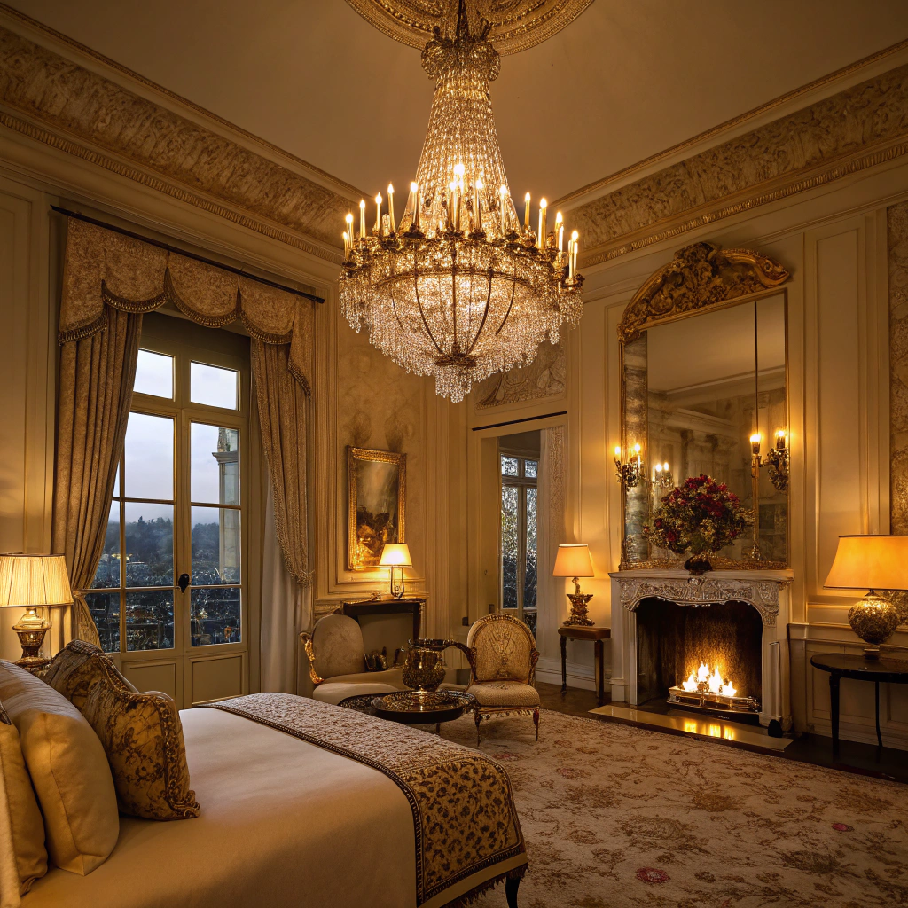 AI generated image by Red Panda AI: Imagine an iconic and elegant room located in a luxurious suite at the Ritz Hotel in Paris, bathed in golden, dim lighting from a shimmering chandelier and a crackling fireplace. 