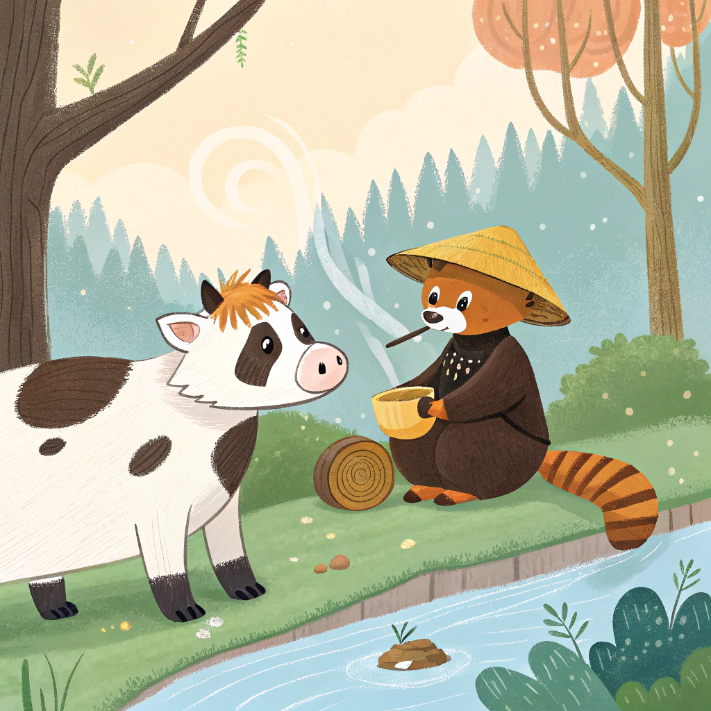 AI generated image by Red Panda AI: CREE MOI UNE IMAGE D'UN JEUNE RED PANDA AVEC SON BONNET TRADITIONNEL ASSIS SUR UNE VACHE CRASANT DU FEU SUR UNE RIVIERE DE MIEL IMG_1075.HEIC
