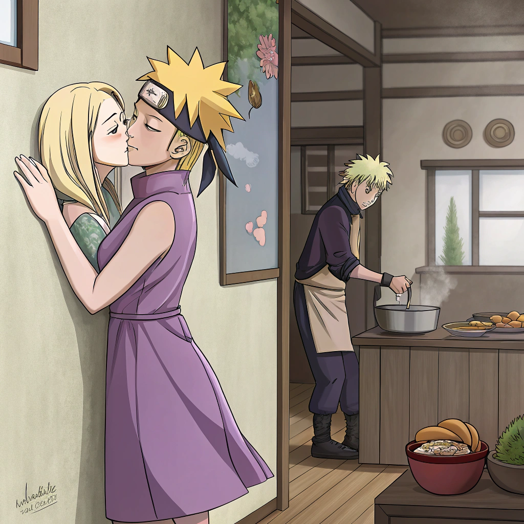 AI generated image by Red Panda AI: Ino yamamka wearing a purple dress kissing naruto against a wall while hinata is cooking in the next room