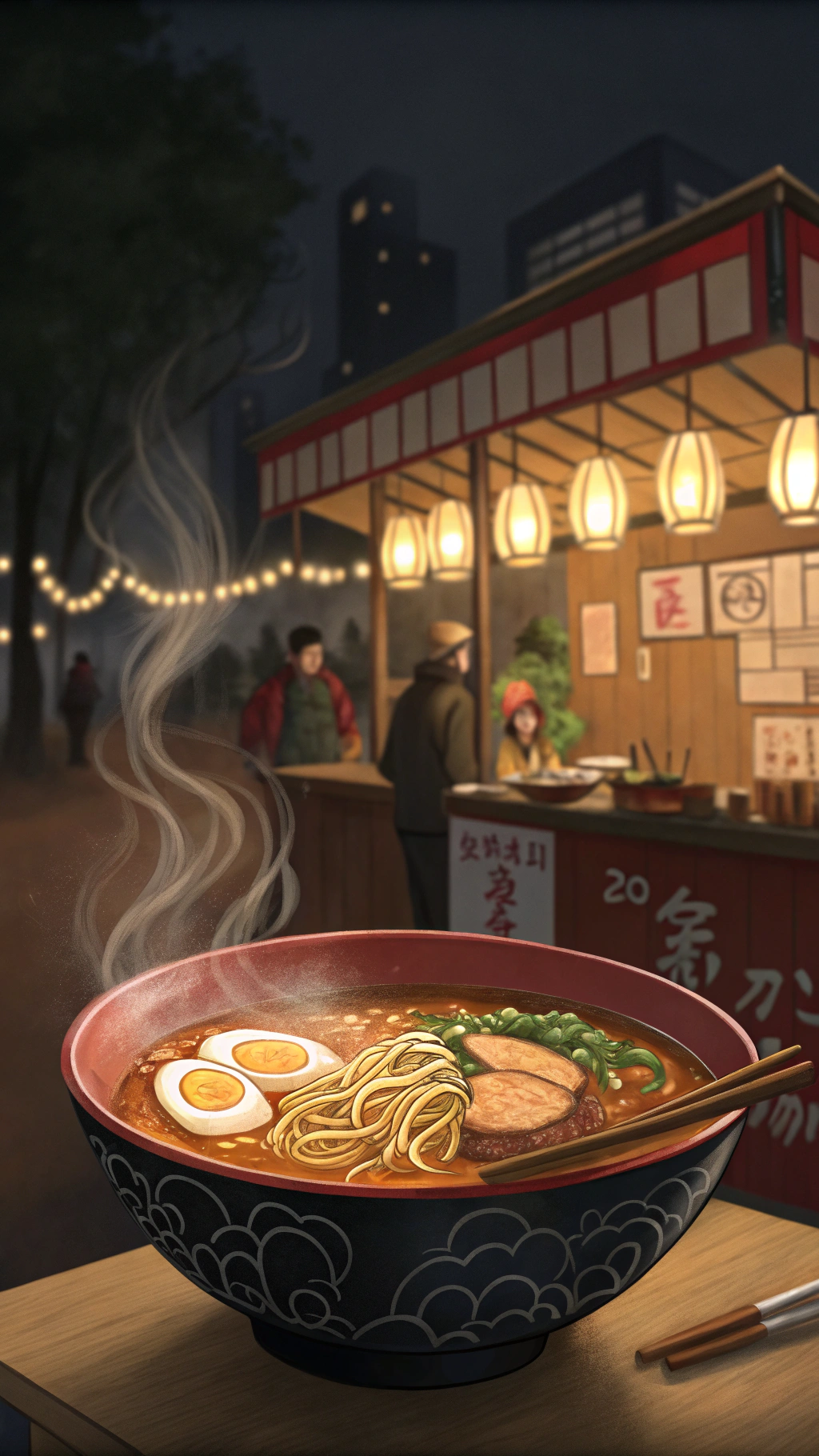 AI generated image by Red Panda AI: --aspect 9:16   anime style, closeup image with a bowl of ramen in the foreground, in the background is A softly lit outdoor ramen stand beckons in the night, tendrils of steam curling out from the open kitchen. Inside, the warm glow of lanterns casts a cozy ambiance over the scene. Rich colors and intricate details transporting the viewer to an Asian night market. Impeccably crafted, this piece invites viewers to savor the sights and smells of the bustling scene. This scene is void of any life, people, characters, or figures