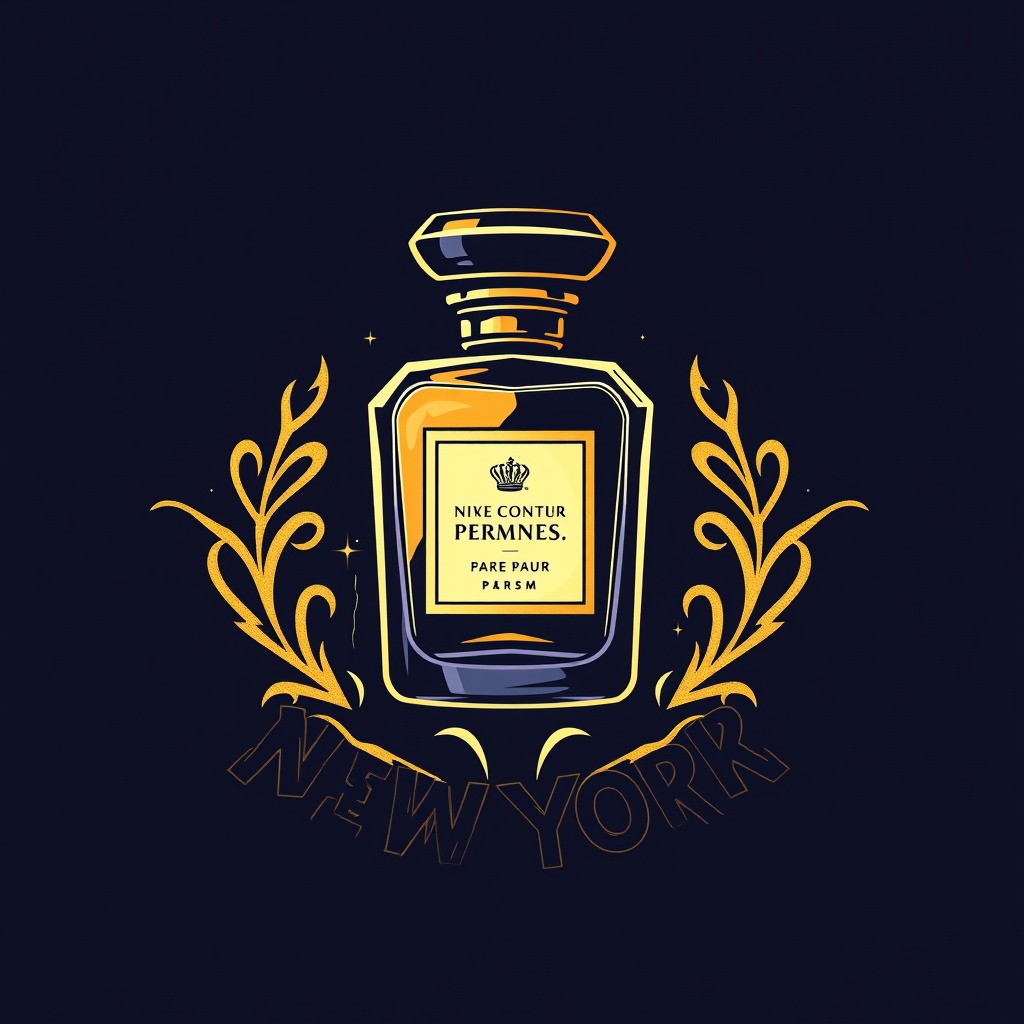 AI generated image by FLUX.1-schnell: logo estilo urbano de new york con referentes de perfumes y mezclando la cultura arabe elegante y grafitis un estilo "street rules" urbano colores morado y dorado predominen 