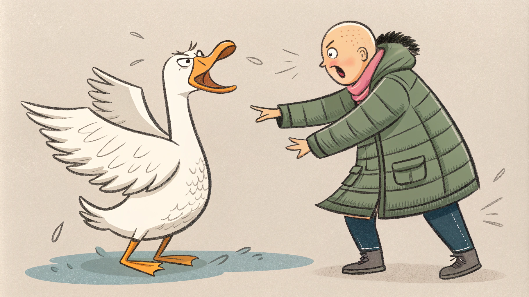 AI generated image by Red Panda AI: Please draw a comical picture of a bald duck getting angry at a bald woman wearing a down jacket and demanding that she give him her fur.