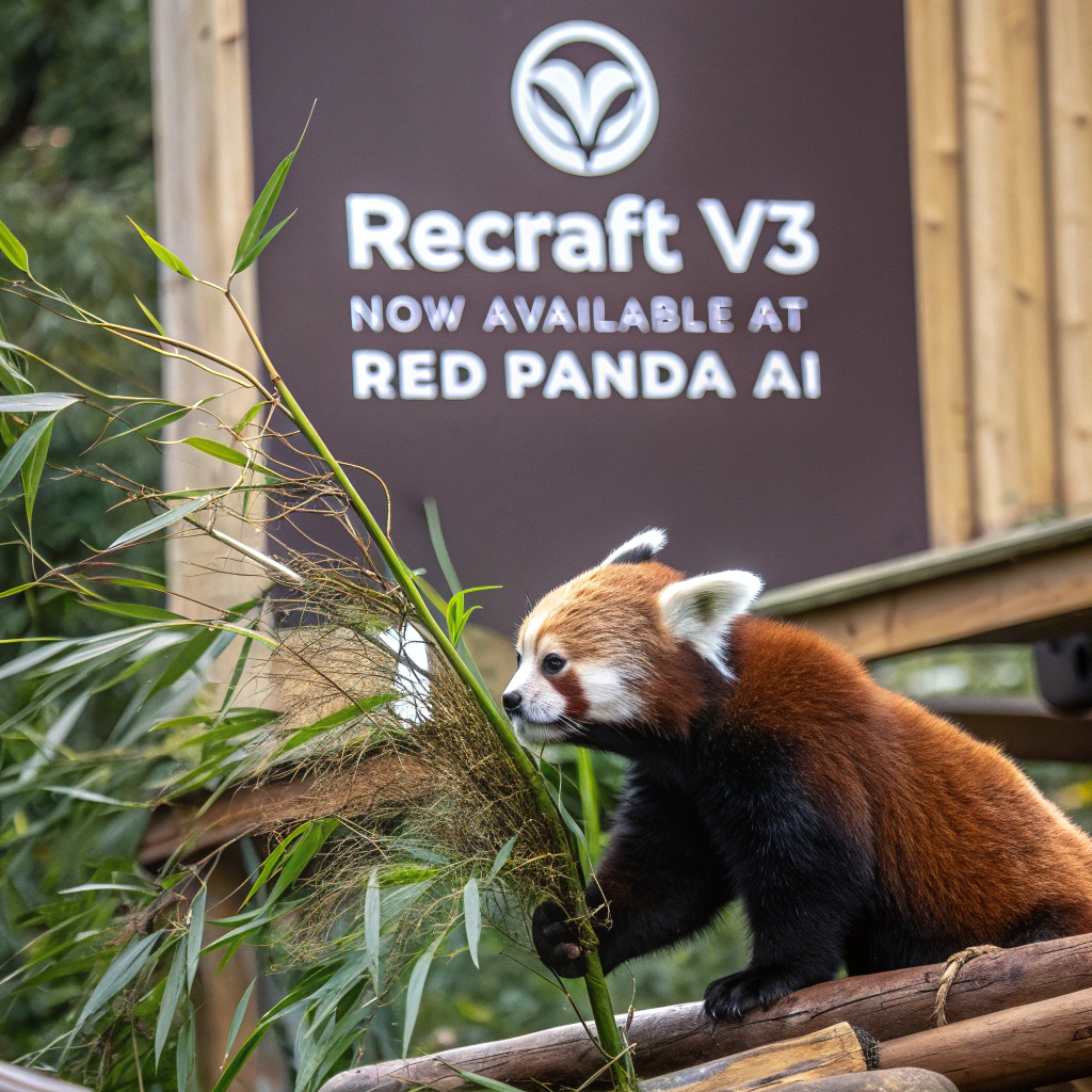 AI generated image by FLUX.1-schnell: a red panda eating a bamboo in front of a poster that says "recraft V3 now available at red panda ai