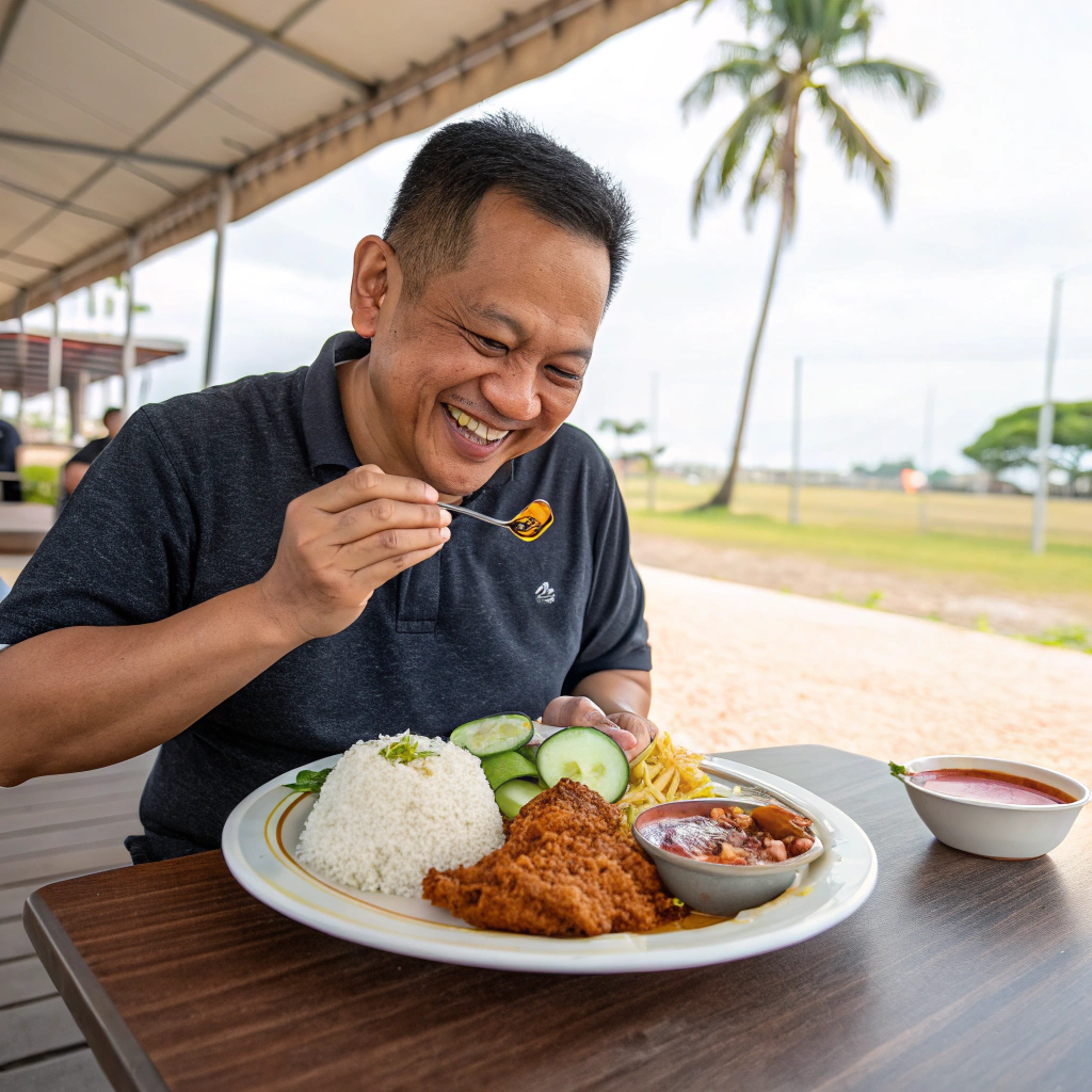 AI generated image by Red Panda AI: a malay guy eating nasi lemak
