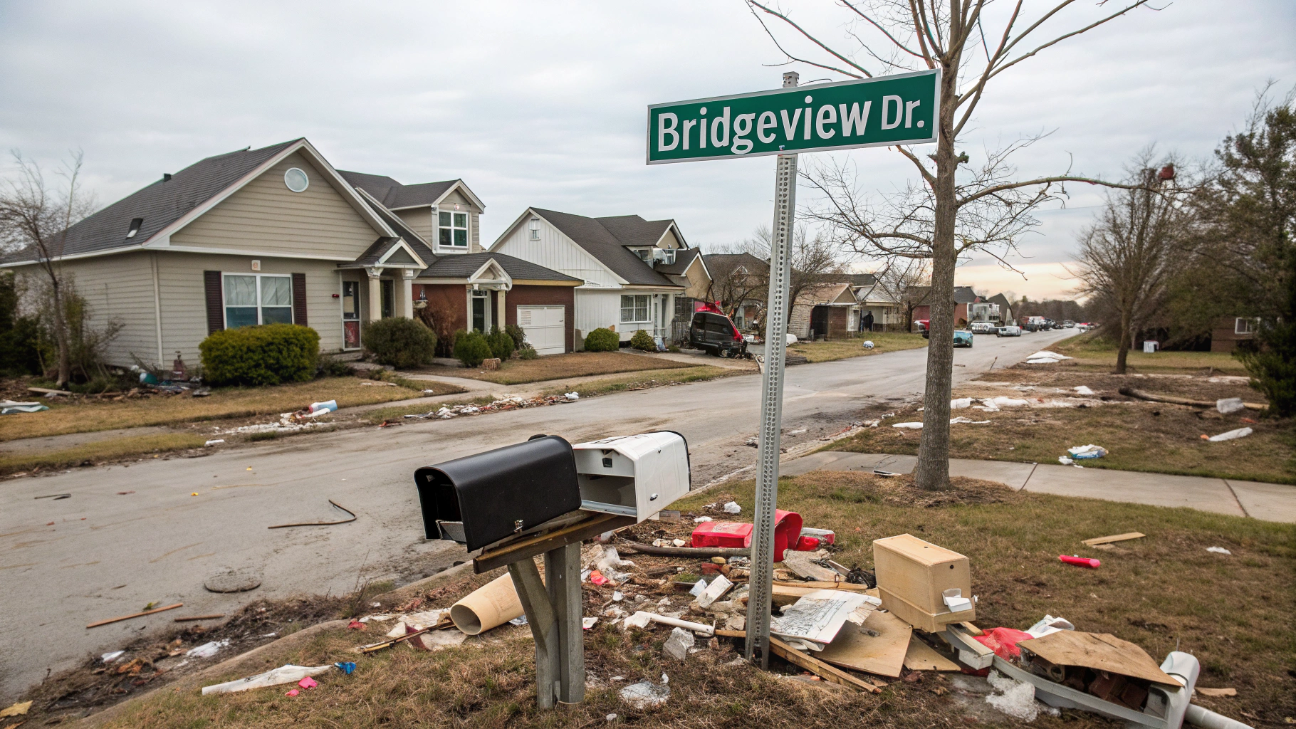 AI generated image by Red Panda AI: Smashed mailboxes in front of houses, street sign on the corner says Bridgeview Dr
