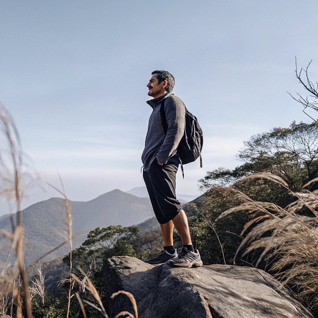 AI generated image by Red Panda AI: Foto grande angular de um homem de 45 anos com um sorriso leve, porte atlético, ele está de pé sobre uma pedra no alto de uma montanha que ele acabou de subir, ele está olhando para o horizonte, onde aparecem outras montanhas cobertas por um nevoeiro. Na cena ainda aparecem árvores e vegetação nativa. A luz natural do sol do fim da tarde ilumina seu rosto. A imagem é capturada com uma câmera vintage clássica Canon AE-1 e uma lente de 18 mm, mostrando mais da paisagem e sua atmosfera tranquila passando um clima de realização. A composição destaca o homem, mas também abre o espaço, dando uma sensação cinematográfica com um tom vintage banhado em luz natural quente, ao mesmo tempo em que toda a imagem está em tons de cinza quente