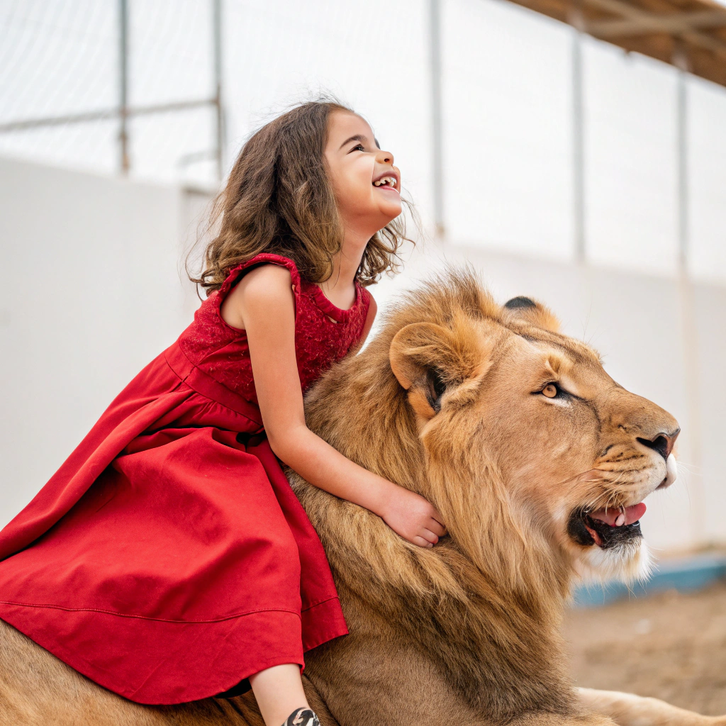 AI generated image by Red Panda AI: Little girl in red dress siting on a lion
