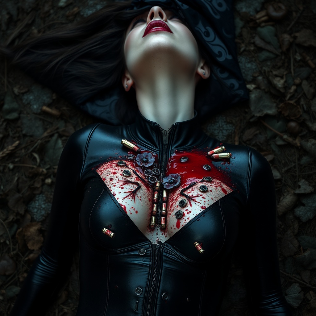 AI generated image by FLUX.1-schnell: She the most beautiful vampire girl and she is shot to dead by many enemies. Lot of details, high quality, 15k, View from far away on the vampire girl dying, Real wounds. Ultra realistic photo, Middle European girl, Perfect face, lips, mouth and whole sexy body. She is knelling wounded in the dark forest. Black tight latex suit unzipped, 21 years old, Cute face in shock of being wounded, Heart shot, hourglass body, Most beautiful female, great and perfect sexy body, Perfect face, big full lips, long legs, dark hair, nice blue eyes. She is shot in her chest by the sniper right in her heart, kill shot. Bloody wounds on her chest. Blood everywhere. Bloody bleeding wounds. Dark bloody bullet holes on her chest. She is shot 5 times in her chest. Many bloody bullet wounds on her chest. Big boobs