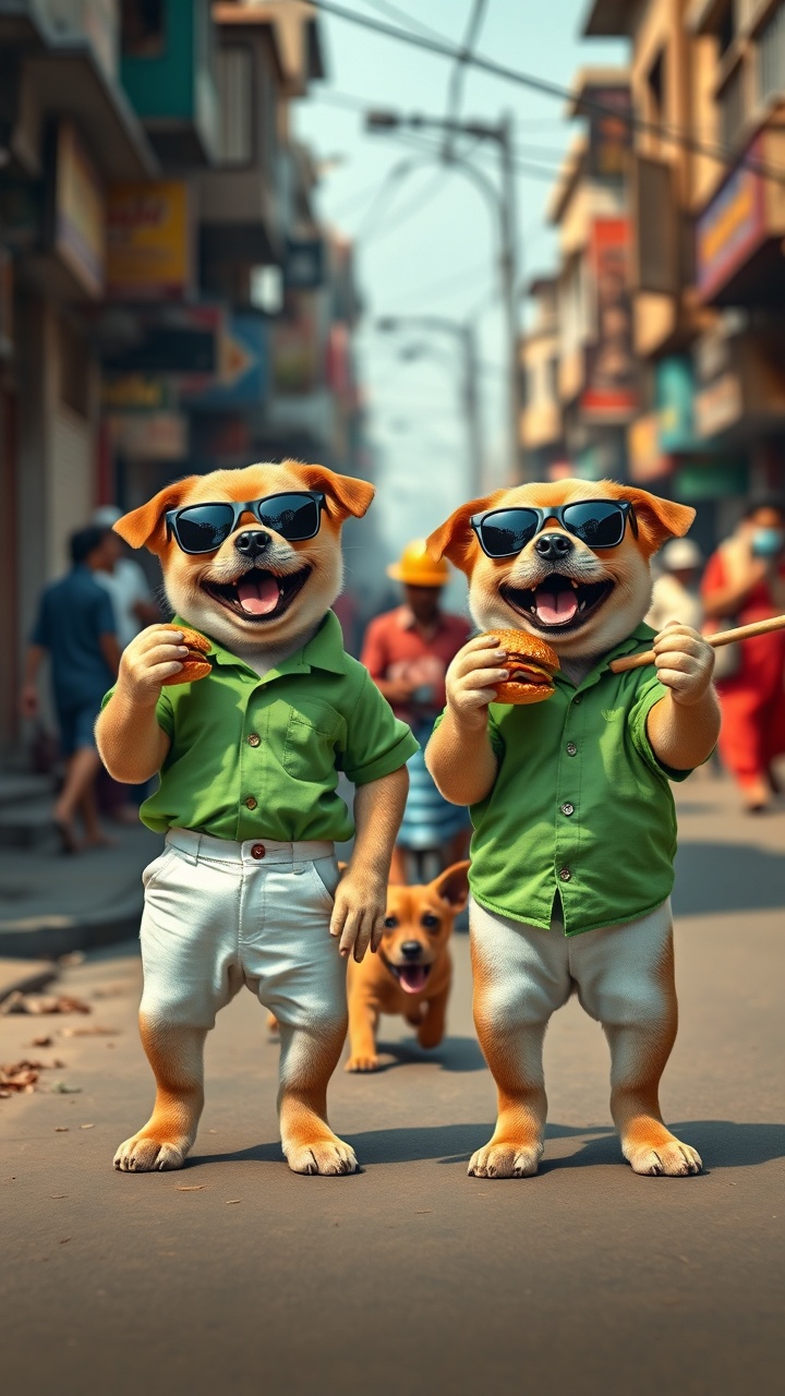 AI generated image by FLUX.1-schnell: "Two rich puppies standing confidently on the side of a busy Indian street. Both are wearing green shirts, white pants, and stylish black sunglasses. Each puppy is holding a burger in one hand while laughing mockingly. They are watching a brown puppy in the distance, running away in panic after stealing food, being chased by an angry shopkeeper with a stick. The rich puppies look clean, well-groomed, arrogant, and proud, showing a sense of superiority. The Indian street background is clear and detailed, with shops, people, and traditional elements — no blur. The scene is ultra-realistic, cinematic, highly emotional, and in 16K resolution."

