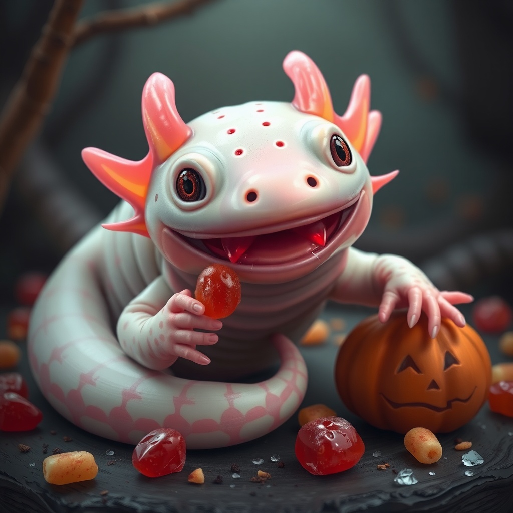 AI generated image by FLUX.1-schnell: Un Axolotl  en Halloween pidiendo dulces