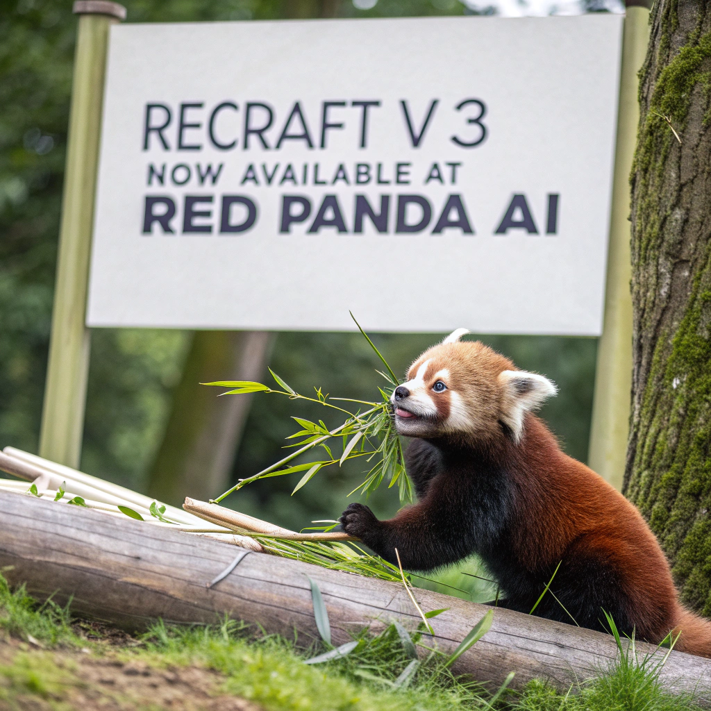 AI generated image by Red Panda AI: a red panda eating a bamboo in front of a poster that says "recraft V3 now available at red panda ai