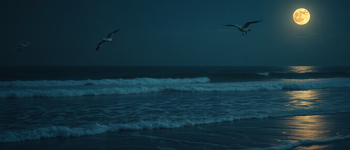 AI generated image by FLUX.1-schnell: Serene midnight ocean coast with gentle waves, flying seagulls, soft moonlight, peaceful and healing atmosphere,4KHD