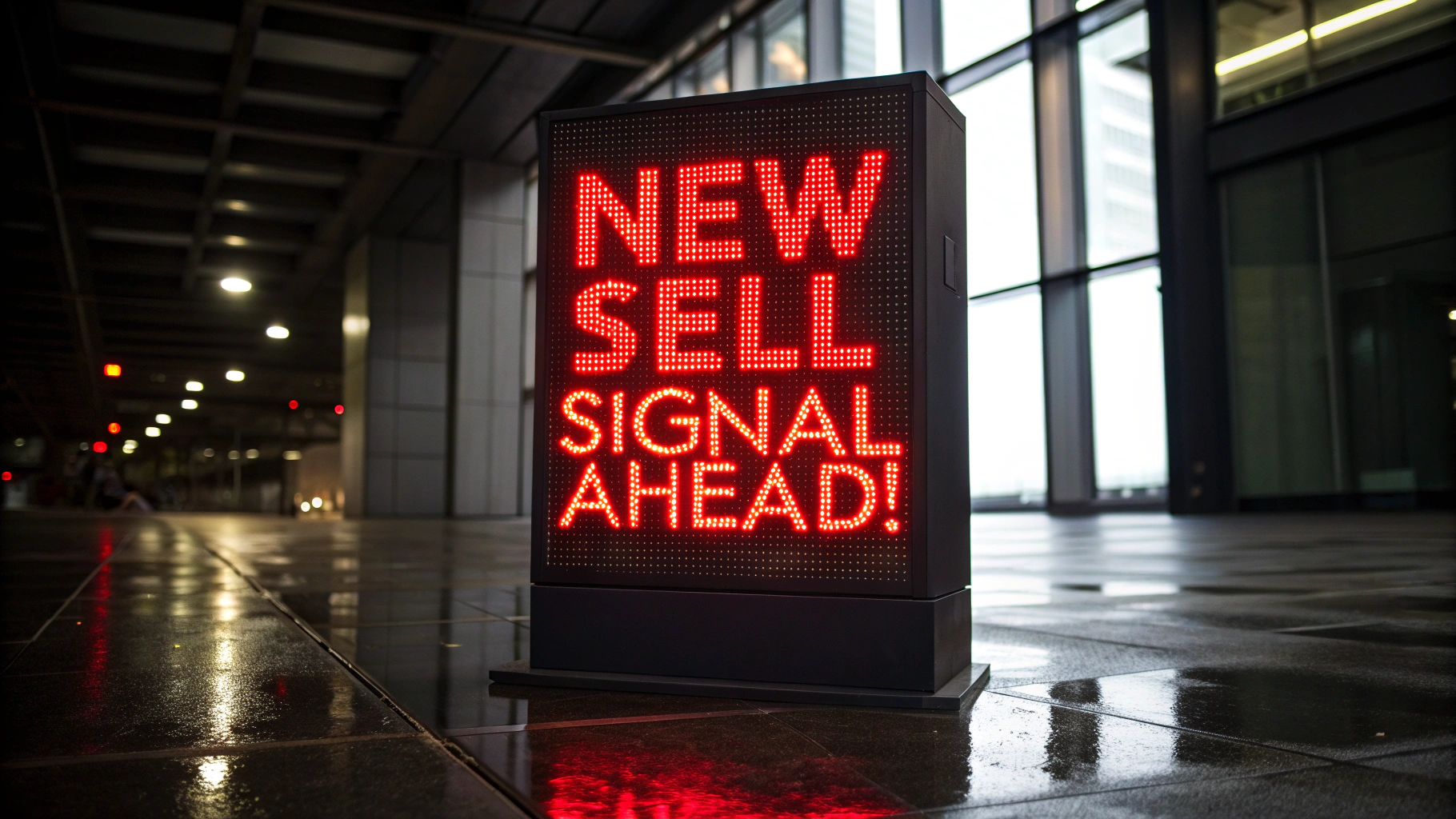 AI generated image by Red Panda AI: Futuristic lighted sign says, "NEW SELL SIGNAL AHEAD!" sign is bright red, flashing