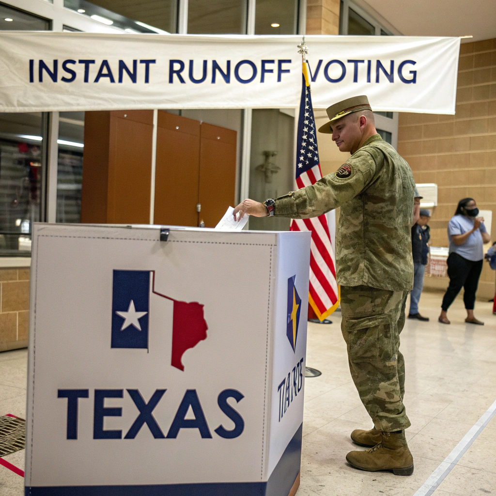 AI generated image by Red Panda AI: You are a world class graphic designer.  Please create an image for Instant Runoff Voting for Texas targeting Republican voters for its benefits for military voters and cost savings
