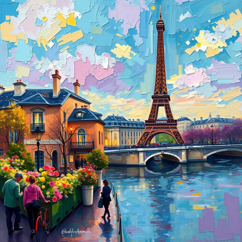 AI generated image by FLUX.1-schnell: colorful beautiful Afternoon , Paris , Digital surrealism dreamscape, happy memories, neo-impressionism expressionist style oil painting, smooth post-impressionist impasto acrylic painting, thick layers of colourful textured paint