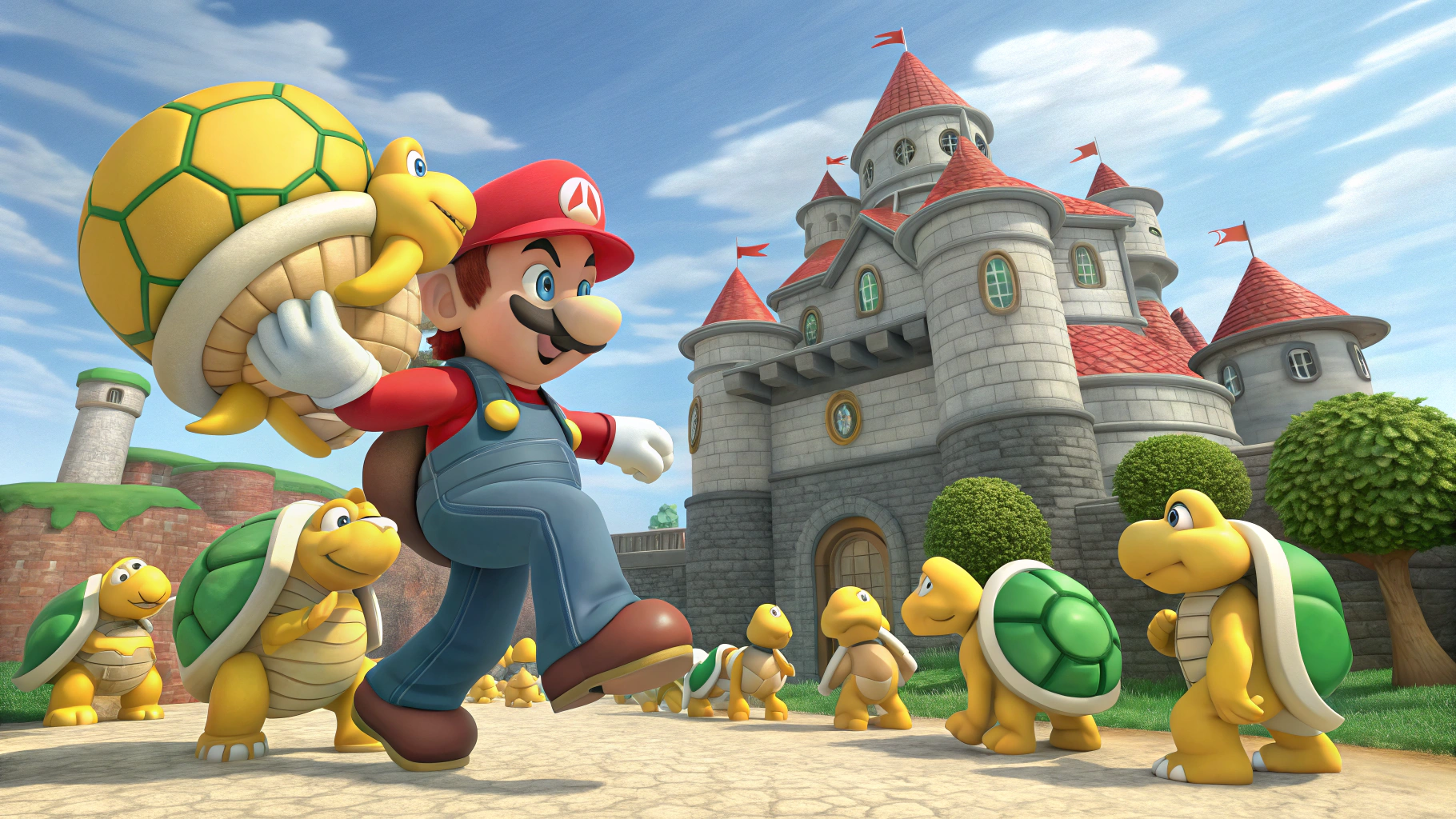 AI generated image by Red Panda AI: 
 Mario Bros, cargando el castillo de peach en sus hombros Con un ejército de tortugas amarillas de caparazón verde, alrededor de el castillo
