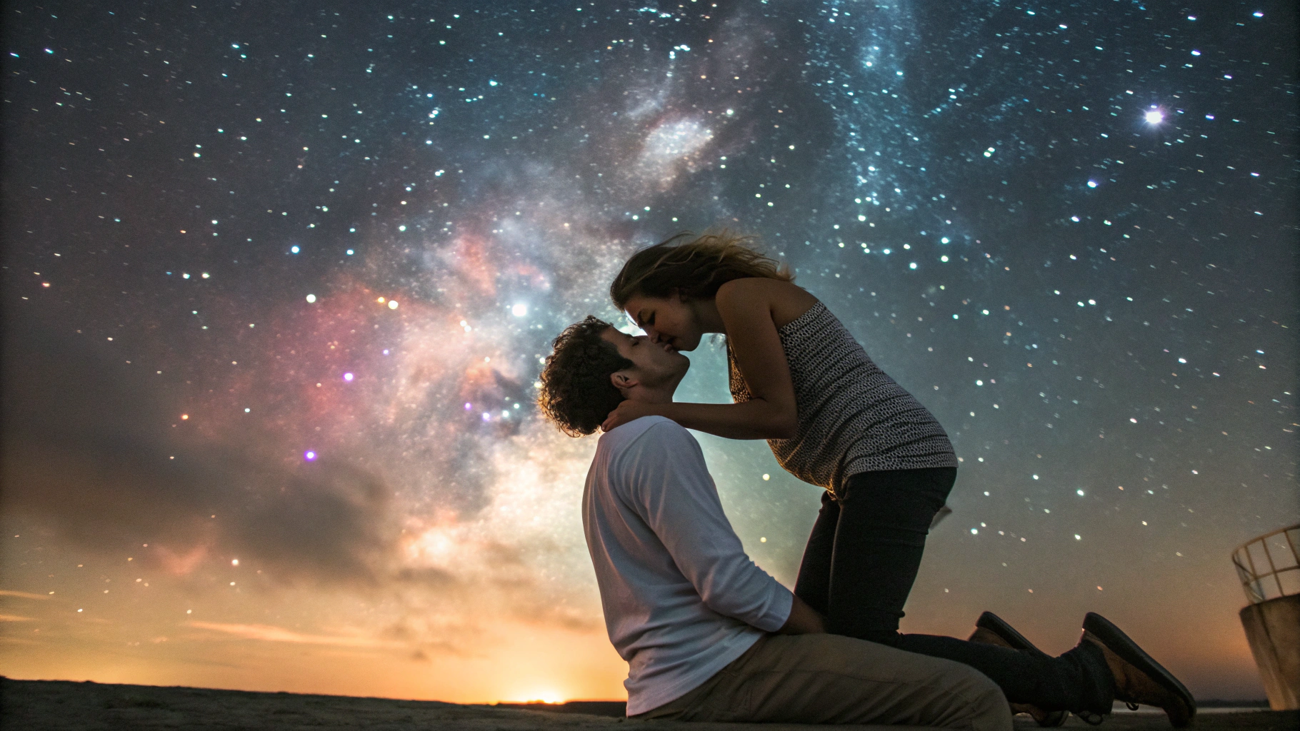 AI generated image by Red Panda AI: a beautiful close up nude  image of a man sitting down and a woman straddled over him kissing and making love with her torso  showing her beautiful figure,  surrounded by stars, nebulas, energy waves of different colors, they form an explosion of colorful energy light rays arround them extending outward into space