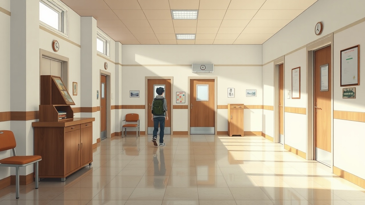 AI generated image by FLUX.1-schnell: lobby with security desk, Soviet student dorm style, anime style-realism more details, full-length, backpack, white background, visible hands and feet, there are soft shadows, the texture is visible