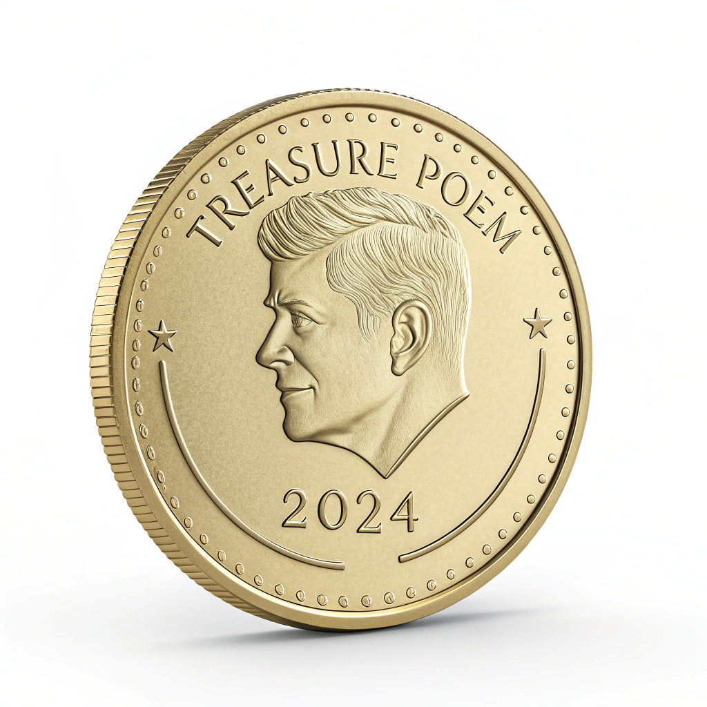 AI generated image by Red Panda AI: Gold US Kennedy half dollar with Liberty replace by the words Treasure Poem, embossed letters of TP in the center by itself and the year 2024 below it
