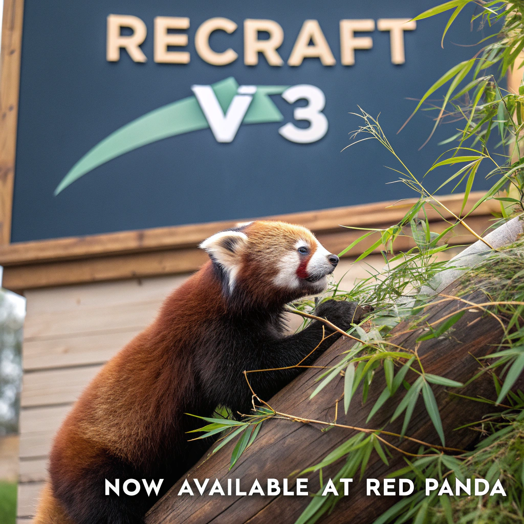 AI generated image by Red Panda AI: a red panda eating a bamboo in front of a poster that says "recraft V3 now available at red panda ai