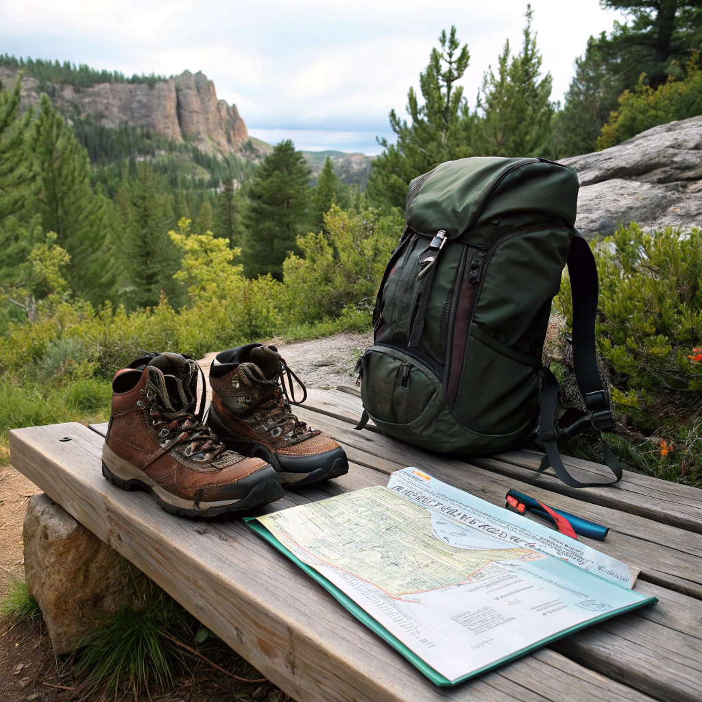 AI generated image by Red Panda AI: Outdoor Adventure Gear: Hiking boots, a backpack, and a trail map set on a wooden bench or rocky surface, reflecting the vocabulary and themes of outdoor activities he’s learned.