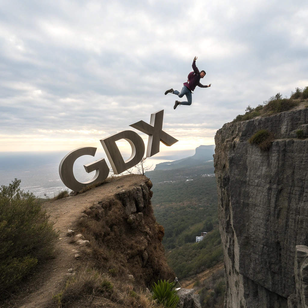 AI generated image by Red Panda AI: "GDX" falling off a cliff
