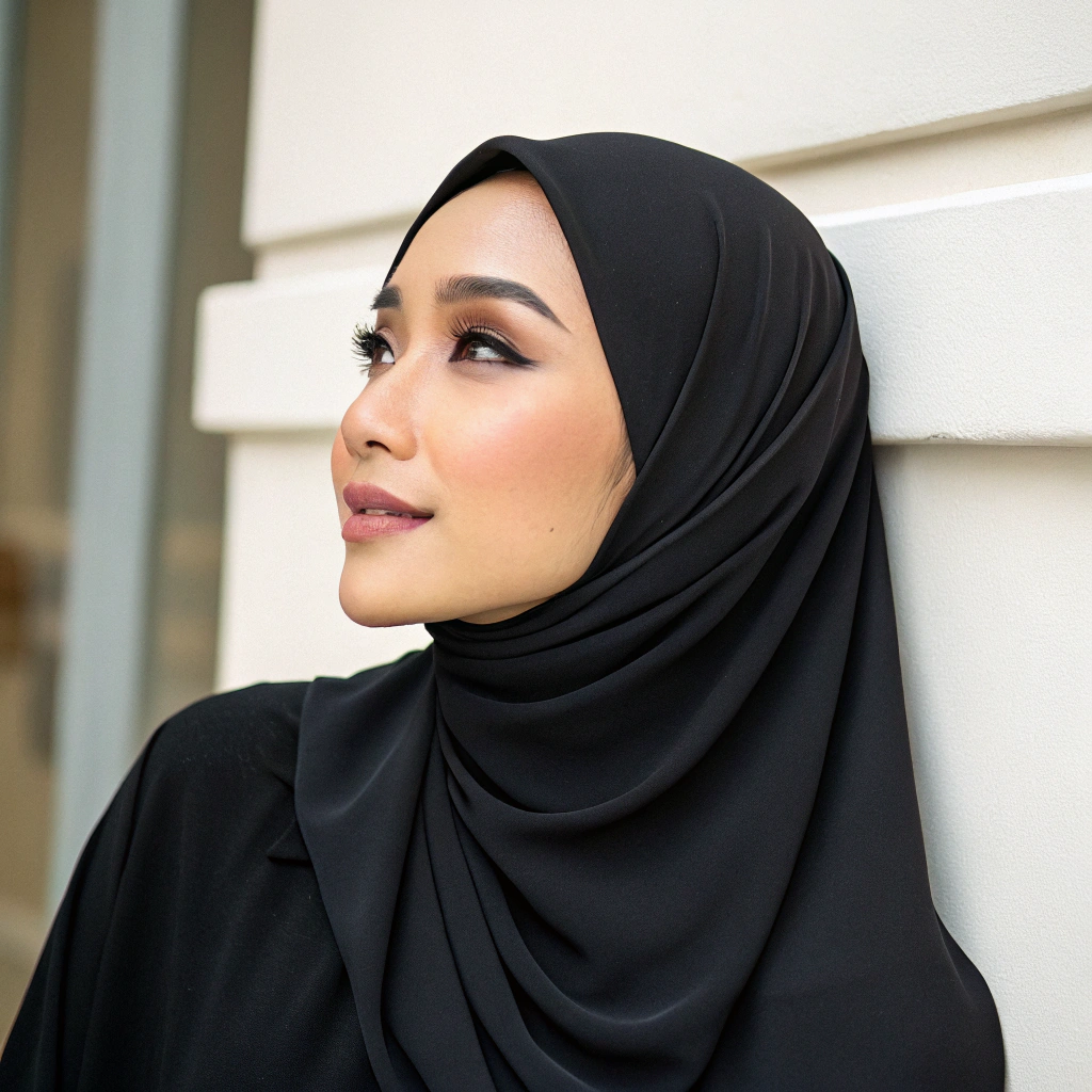 AI generated image by Red Panda AI: Malay woman age 33 yrs old with arabic look wearing full hijab