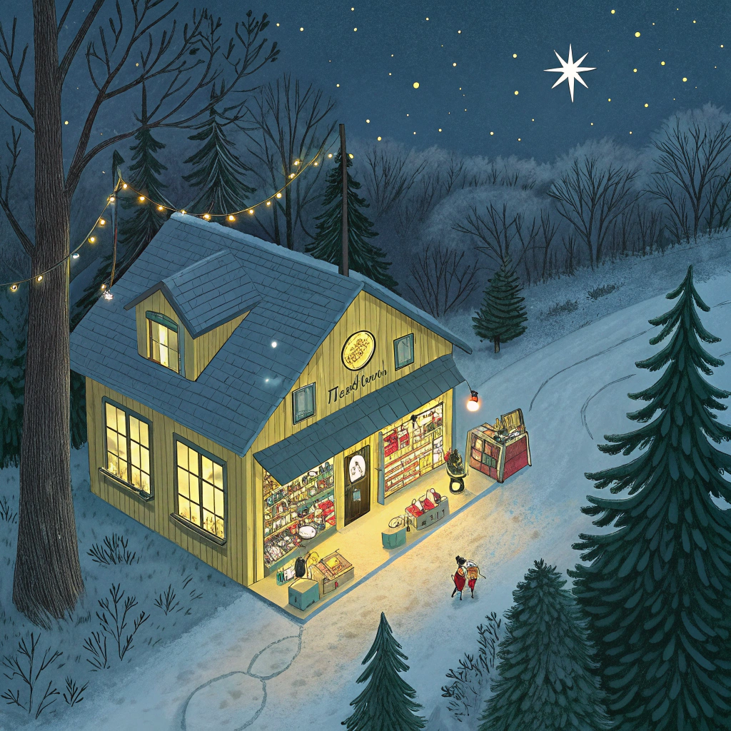 AI generated image by Red Panda AI: a Bookstore in a winter forest background night with a star in it, in the style of john holcroft, playful character design, martiros saryan, xmaspunk, yellow and green, aerial photography, dan matutina 