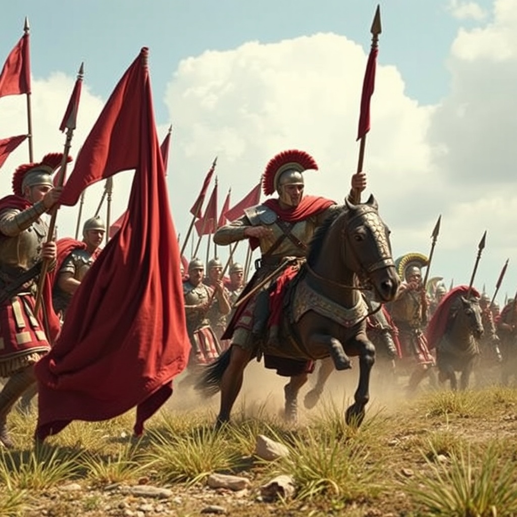 AI generated image by FLUX.1-schnell: soldado alemán enfrentándose a un legionario romano
