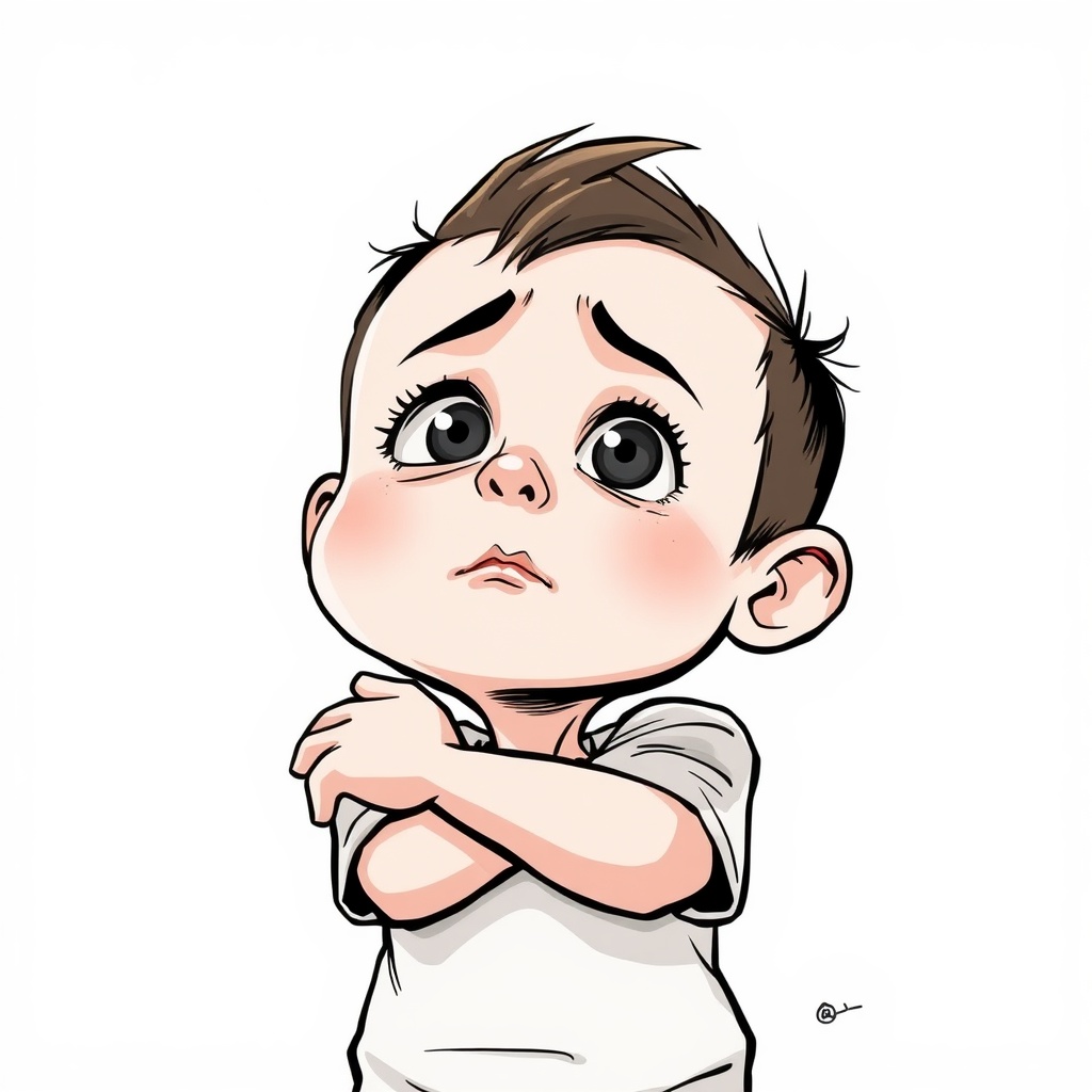 AI generated image by FLUX.1-schnell: Has un dibujo, estilo caricaturesco, de un niño con los brazos cruzados, la cabeza mirando hacia arriba, con expresión de interrogación.
