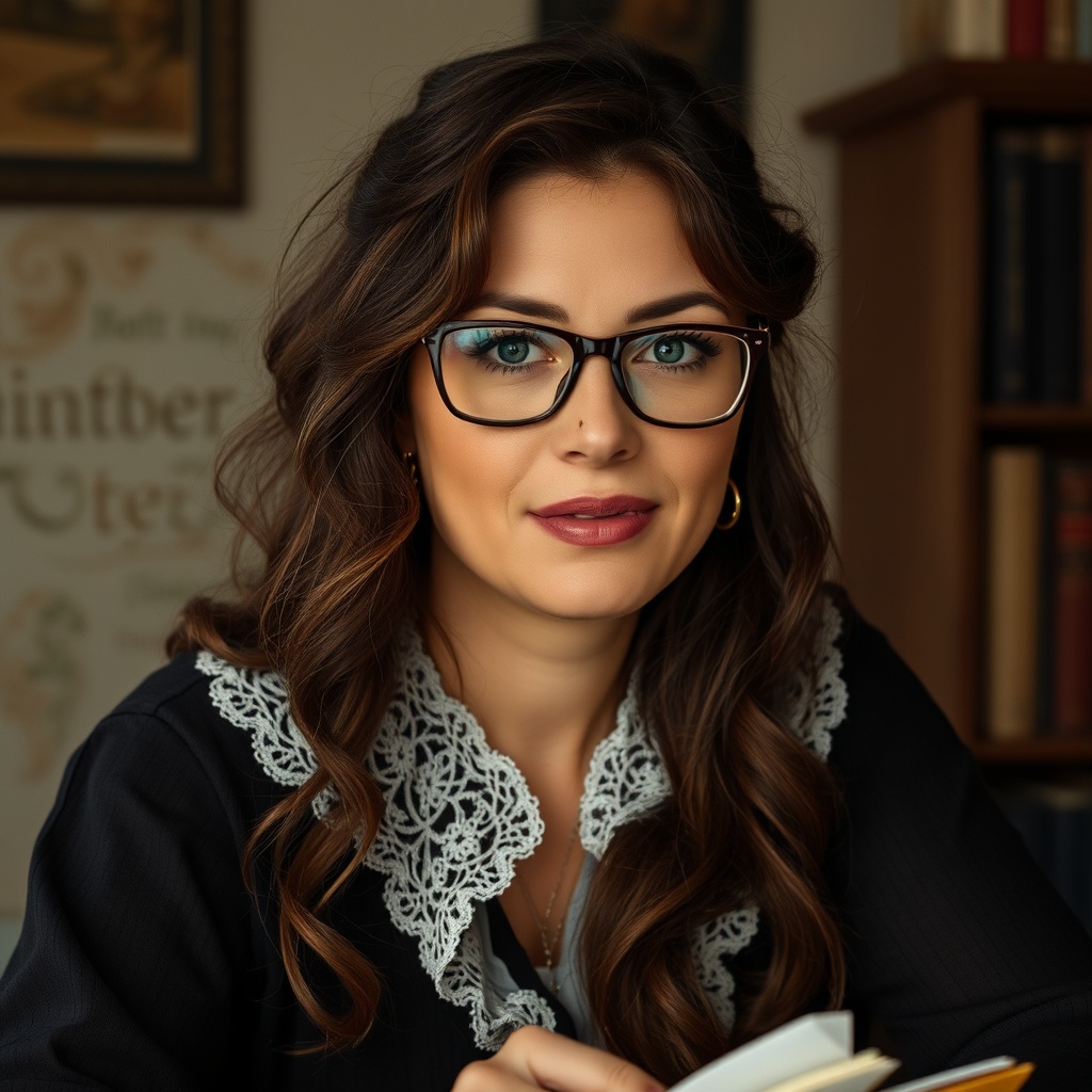 AI generated image by FLUX.1-schnell: Schriftstellerin aus der viktorianischen Zeit. Schreibtisch. Dunkelbraune Haare. Sommersprossen. Brille. Mutter Philippinen. Vater Deutschland. 