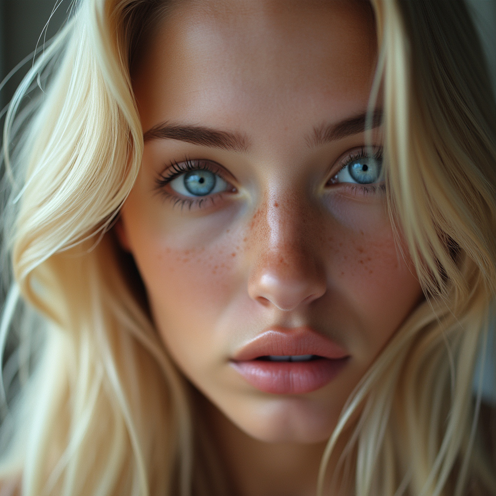 AI generated image by FLUX.1-pro: Beautiful blonde hair blue eyes in perfect reality 