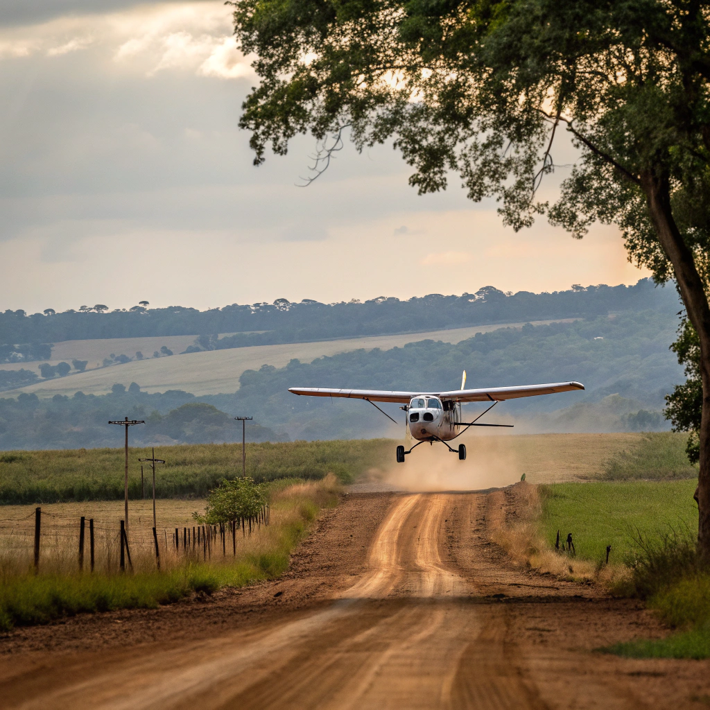 AI generated image by Red Panda AI: una avioneta sesna aterrizando en pista clandestina zona rural