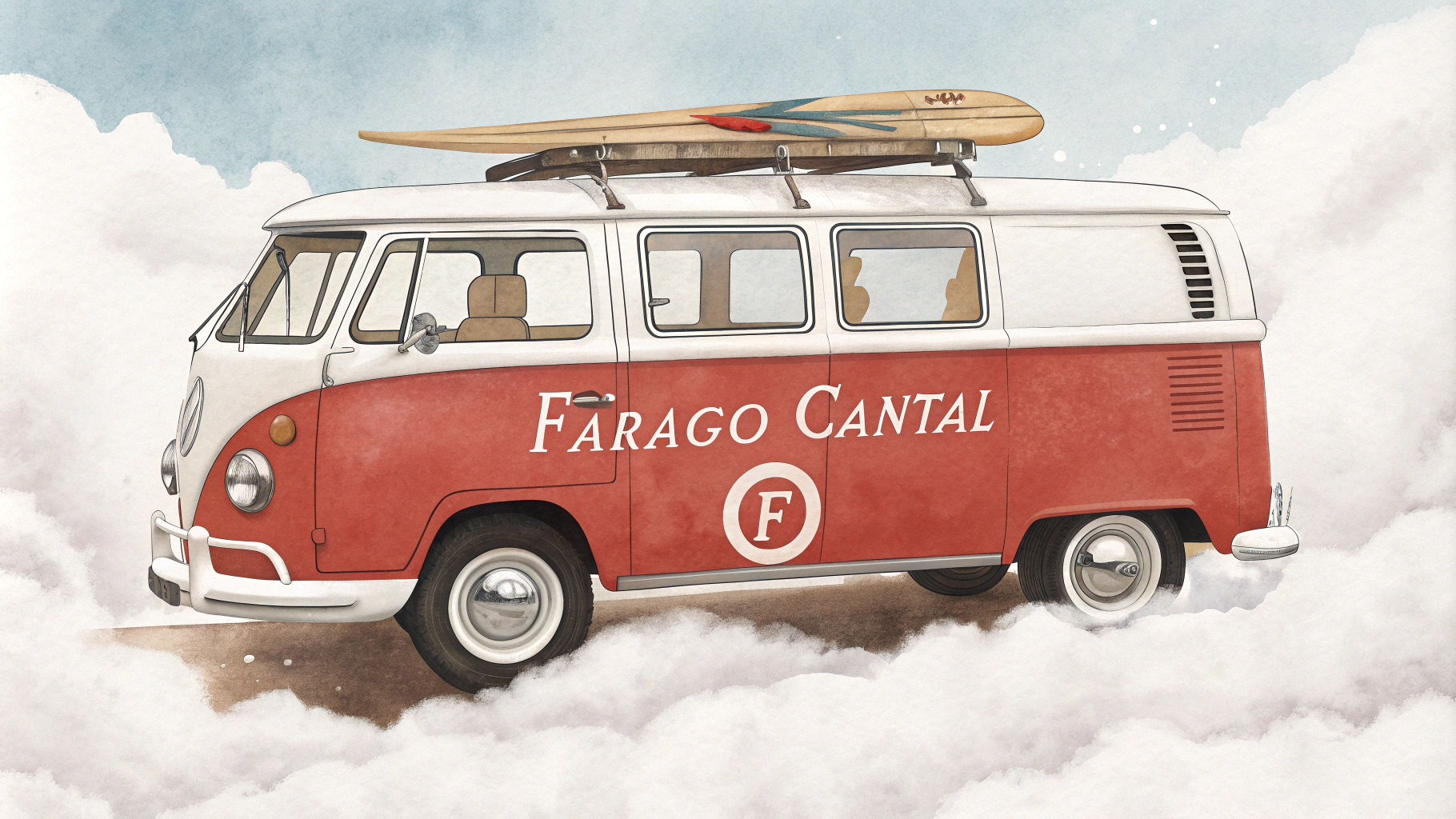 AI generated image by Red Panda AI: Van volkswagen blanc et rouge vif avec écrit Farago Cantal sur le côté dans une police de style vintage et un gros f sur le coté et avec une planche de surf sur le toit. Les bords de l'image ne doivent pas être droits ils doivent être fondu comme dans un nuage.