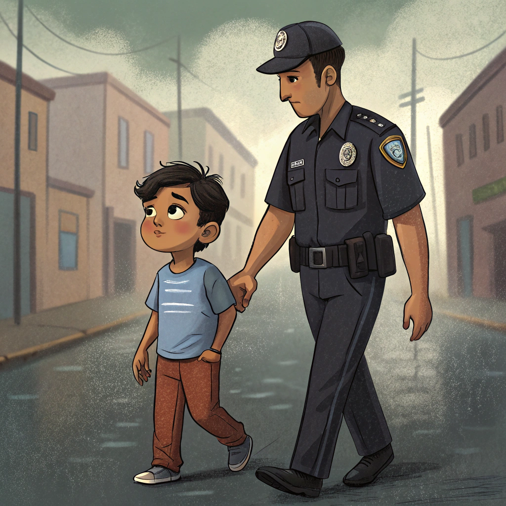 AI generated image by Red Panda AI: un niño mexicano siendo llevado por la policía