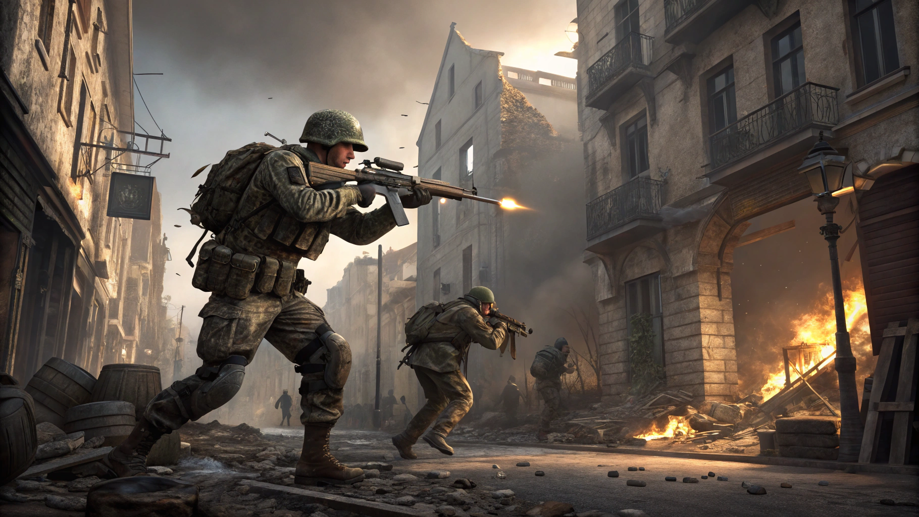 AI generated image by Red Panda AI: Call of duty style themed image of soldiers fighting in a war torn city with attention to weapon details and dynamic lighting 