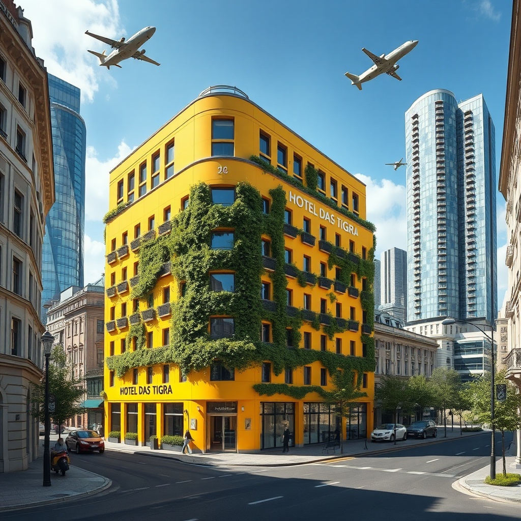 AI generated image by FLUX.1-schnell: Create a futuristic version of the Hotel Das Tigra in Vienna in the year 2050. The hotel's iconic yellow facade should be preserved, and the name 'HOTEL DAS TIGRA' should be clearly visible on the building. Enhance the facade with greenery, vertical gardens, and solar panels for a sustainable look. The surrounding streets should be calm, pedestrian-friendly, with flying vehicles hovering in the sky. Vienna’s skyline should feature towering, energy-efficient skyscrapers made of glass and metal, incorporating green technology and smart city infrastructure. Show a harmonious blend of Vienna’s historic charm with cutting-edge urban innovation in the city of 2050.