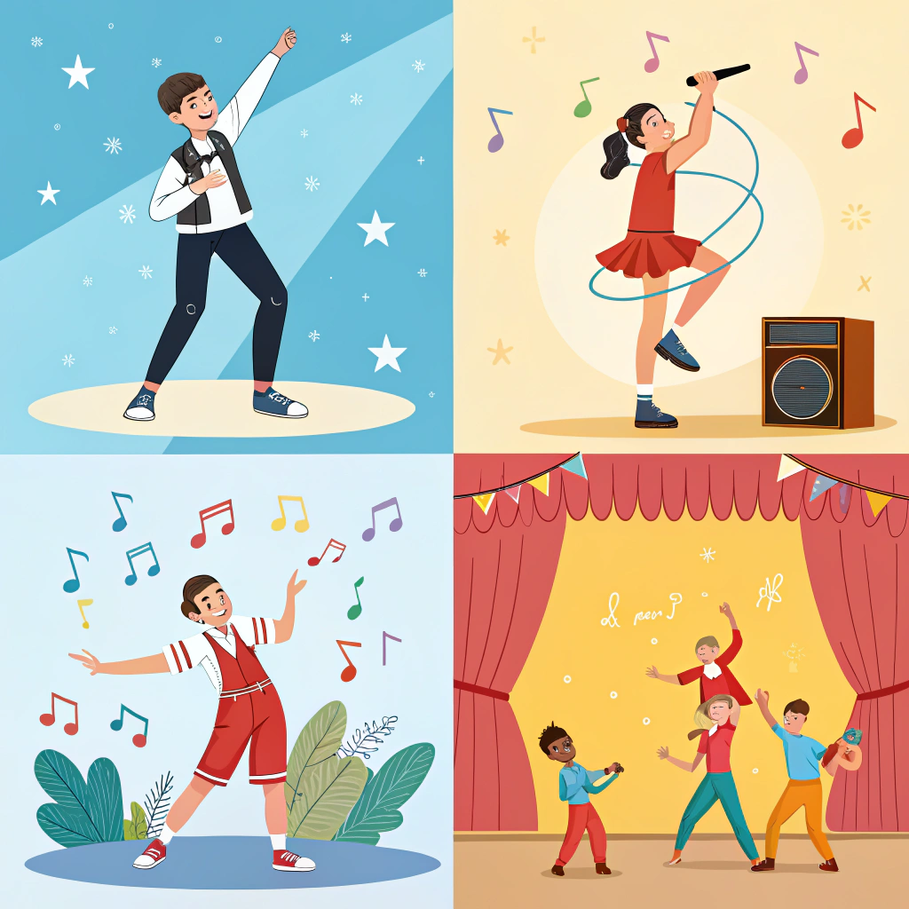 AI generated image by Red Panda AI: collage sobre concurso de talentos escolar, baile, canto, acrobacia, declamacion, malabarismo etc. animada