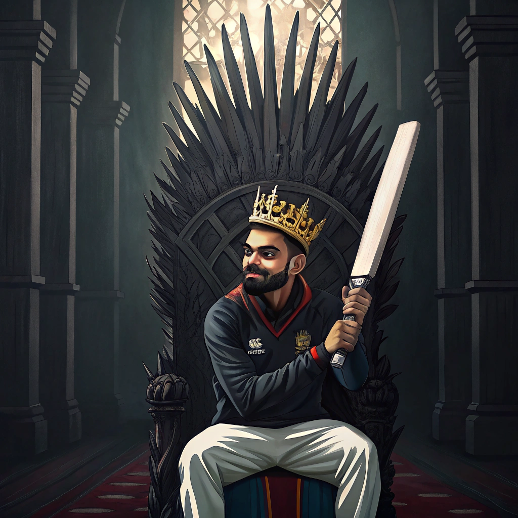 AI generated image by FLUX.1-schnell: Virat kohli sitting on the 'game of thrones' throne wearing a crown and holding his bat in place of the sword