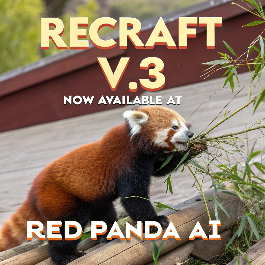 AI generated image by Red Panda AI: a red panda eating a bamboo in front of a poster that says "recraft V3 now available at red panda ai