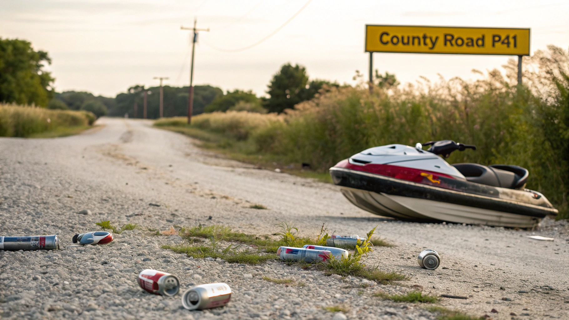 AI generated image by Red Panda AI: Jet Ski dumped on a gravel road, No engine, no key, no name to be told.
Beer cans scattered in the weeds, a sign says "County Road P41"