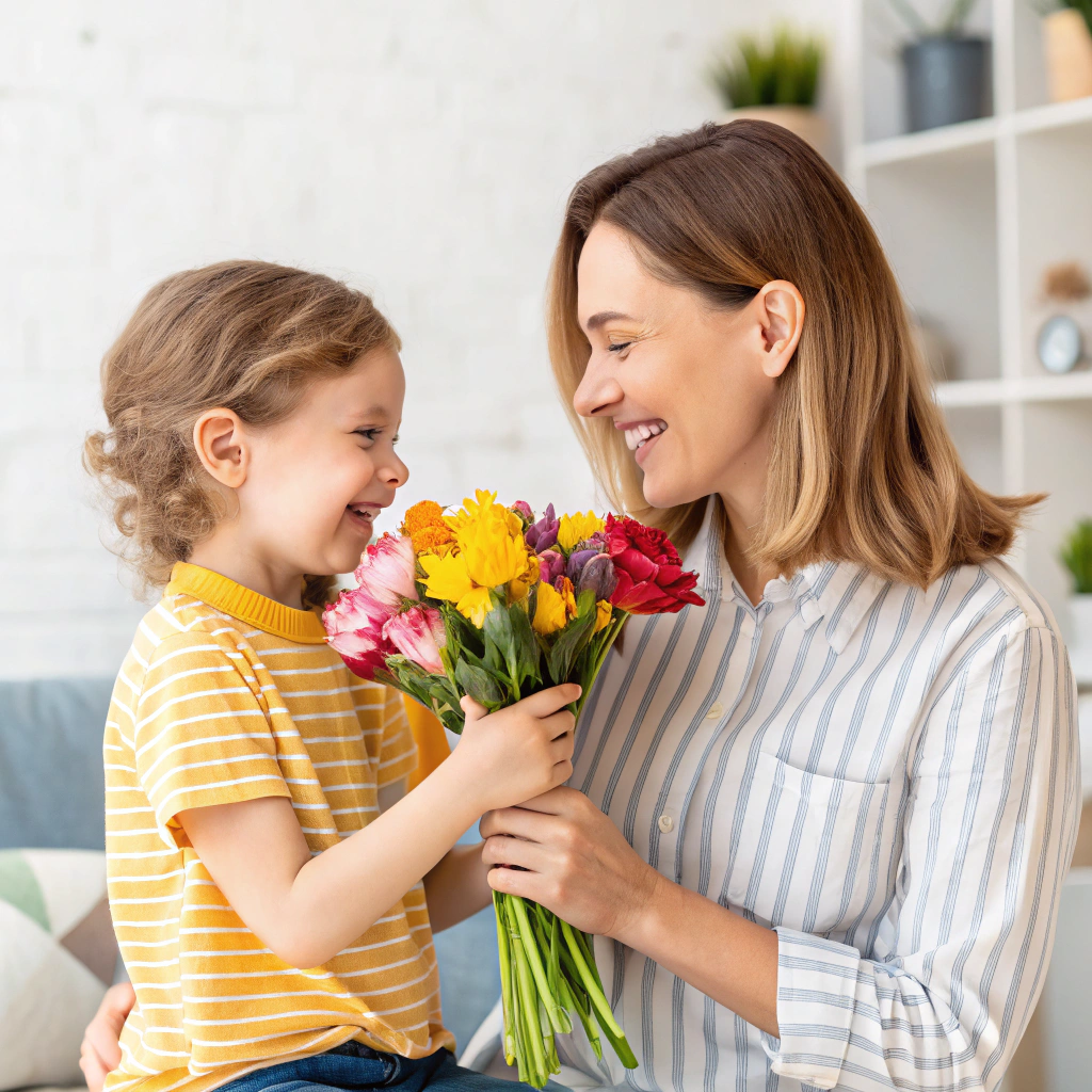 AI generated image by Red Panda AI: Un ficlio che da dei fiori alla mamma per la festa della mamma
