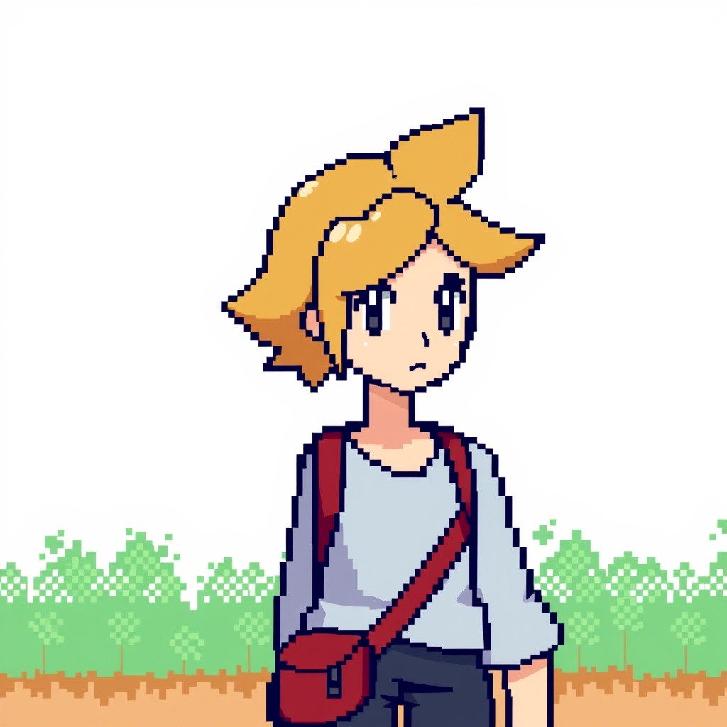 AI generated image by FLUX.1-schnell: A pixel art full body image of a man with light brown hair, a Pokémon trainer from the first generation games, with a simple background, in the style of the first generation Pokémon games.