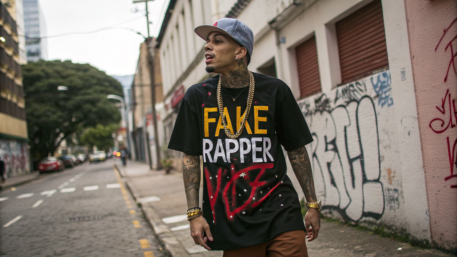 AI generated image by Red Panda AI: Create a realistic image of a rapper character with a bold, street-inspired style. The rapper is wearing a graphic T-shirt that prominently displays the name 'Fake Rapper' in graffiti-style font. He has a confident expression, with a mix of urban accessories like a baseball cap, chains, and tattoos visible on his arms. The background shows a gritty city street or graffiti-covered wall, adding to his street persona. The overall vibe is bold and edgy, with vibrant colors and a sense of attitude.