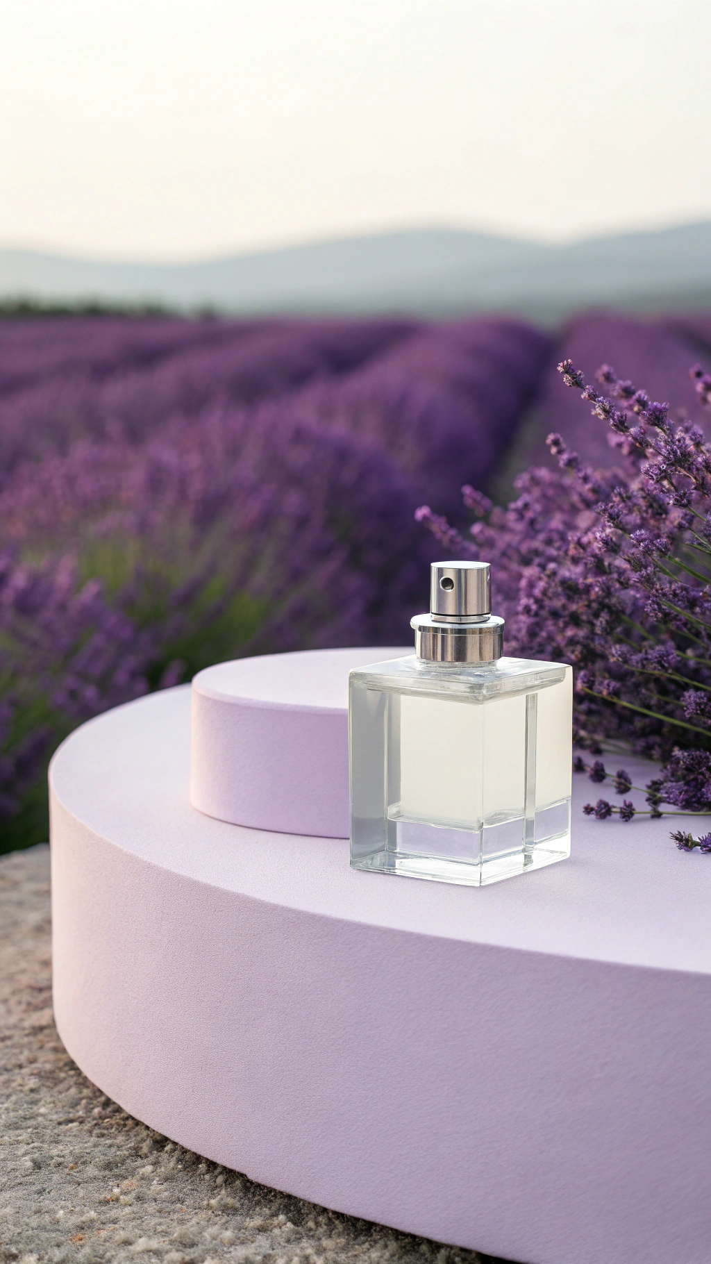 AI generated image by Red Panda AI: Una botella de perfume elegante y minimalista, colocada sobre una plataforma circular. El fondo está compuesto por un campo de lavandas en tonos violáceos, creando una atmósfera serena y sofisticada. La imagen es simple pero refinada, con un enfoque en la elegancia y la simplicidad.