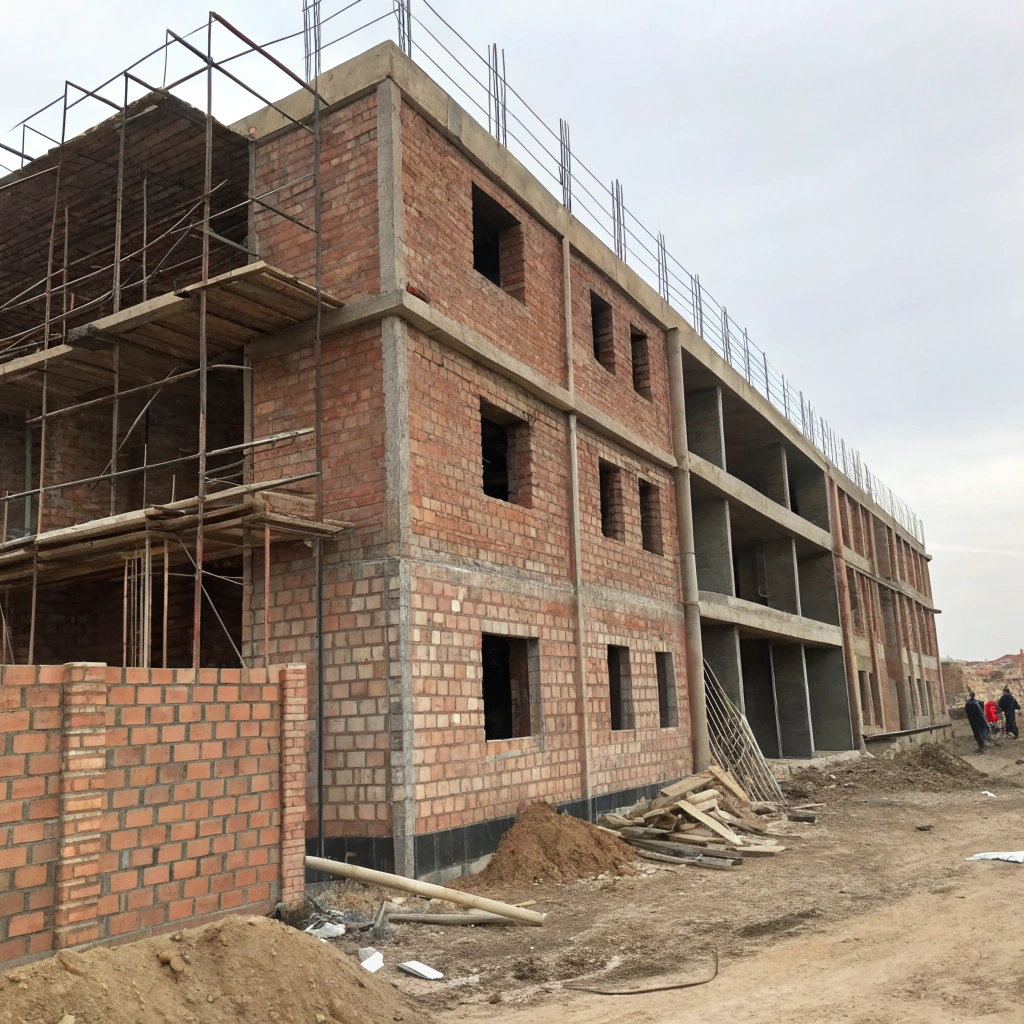 AI generated image by Red Panda AI: Image of an incomplete construction project. There are no workers visible in the image. It entails a 5 storey building. The brickstone wall is 40% constructed. You can see some scaffolding structures but part of the wall is also fully visible.
