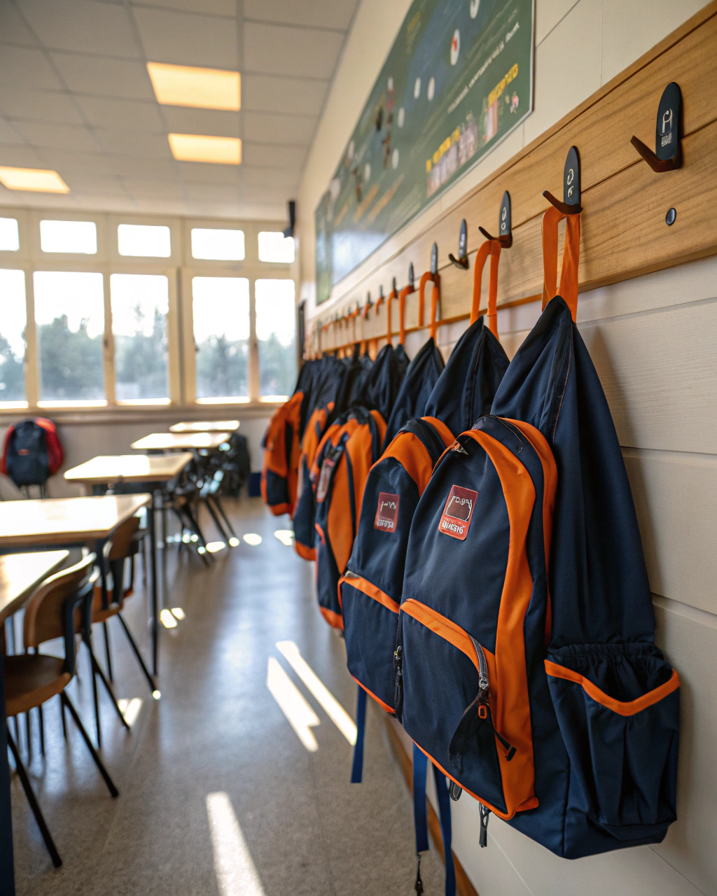 AI generated image by Red Panda AI: mochilas escolares, colgadas en un perchero de madera largo, en un aula de un colegio, que predominen los colores azul oscuro y naranja